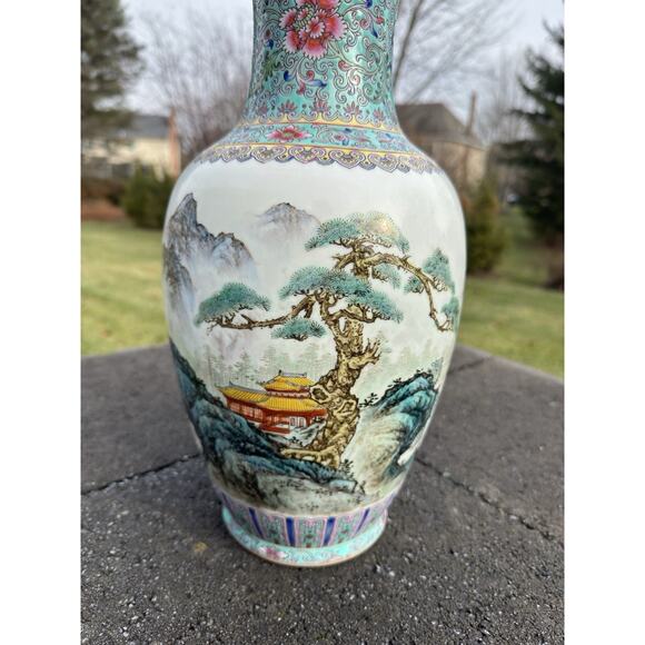 Vintage Chinese 14.5” Porcelain Vase Hand Painted Mountain Landscape Floral - Picture 2 of 8